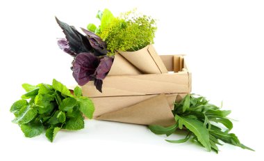 ahşap sandık, taze otlar üzerinde beyaz izole