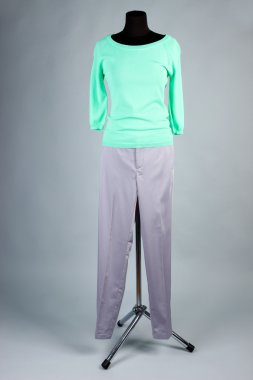 güzel bluz ve gri arka plan üzerinde manken üzerinde gri pantolon