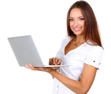 genç güzel iş kadını ile üzerine beyaz izole laptop