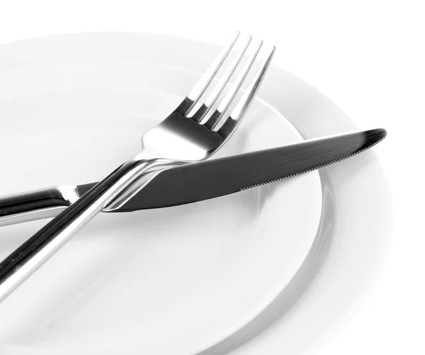 Knife, color plate and fork, isolated on white — Stock Photo, Image