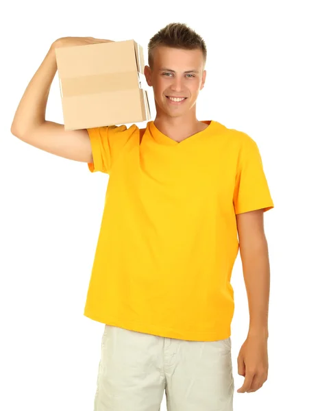 Young delivery man holding parcel, isolated on white — Stock Photo, Image