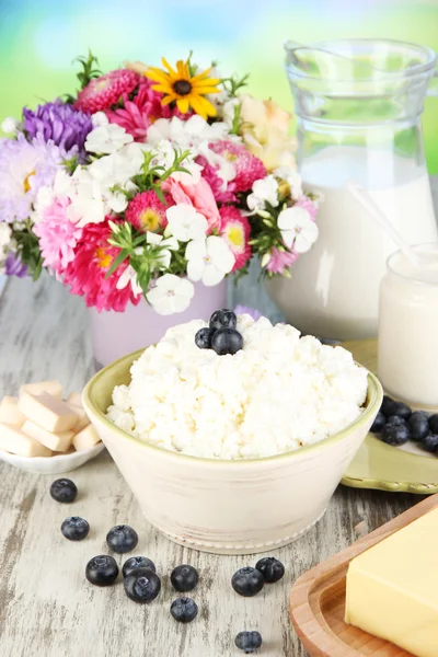 Fresh cottage cheese with blueberry on wooden table close-up — Stock Photo, Image