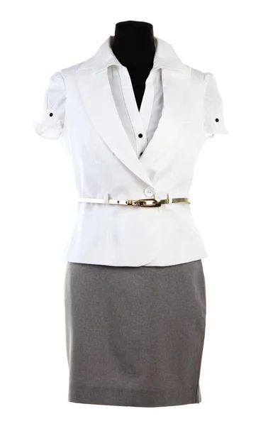 Veste blanche et jupe grise sur mannequin, isolée sur blanc — Photo