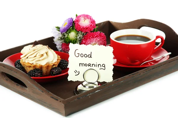 Cup of tea with cakes on wooden tray isolated on white — Stock Photo, Image