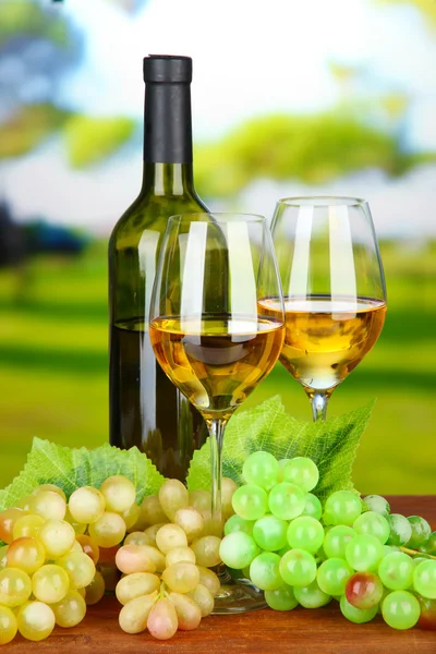 Uve mature, bottiglia e bicchieri di vino, su sfondo brillante — Foto Stock