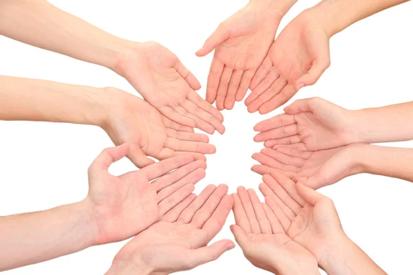 Ring of hands. Conceptual photo of teamwork, isolated on white — Stock Photo, Image