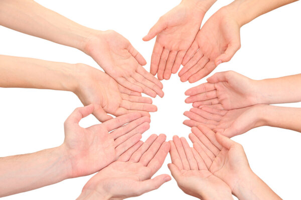 Ring of hands. Conceptual photo of teamwork, isolated on white