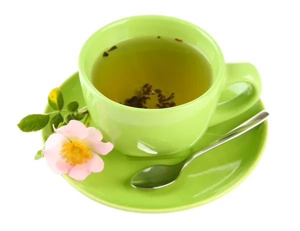 Taza de té de hierbas con flor de rosa de la cadera, aislado en blanco —  Fotos de Stock