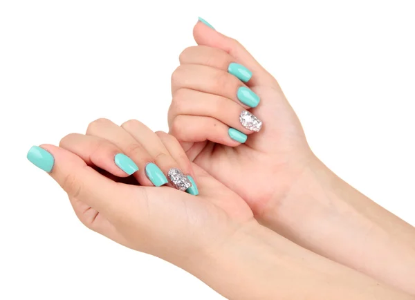 Mooie vrouw handen met blauwe manicure, geïsoleerd op wit — Stockfoto