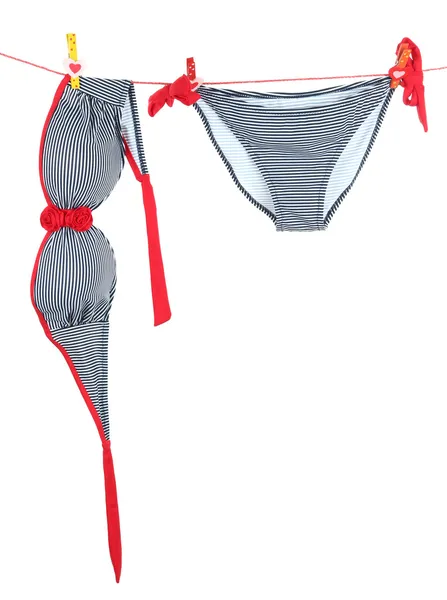여자 수영복 흰색 절연 로프에 매달려 — 스톡 사진