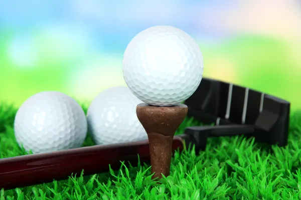 Palla da golf e autista su erba verde all'aperto da vicino — Foto Stock