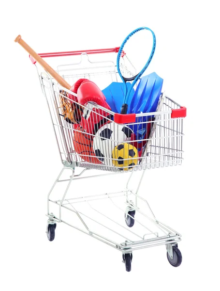 Carro de compras con equipo deportivo, aislado en blanco — Foto de Stock