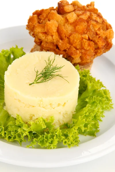 Hühnerkiev auf Croutons mit Kartoffelpüree, isoliert auf weiß — Stockfoto