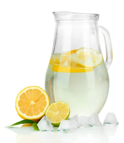 Cold water with lime, lemon and ice in pitcher isolated on white — Stock Photo, Image