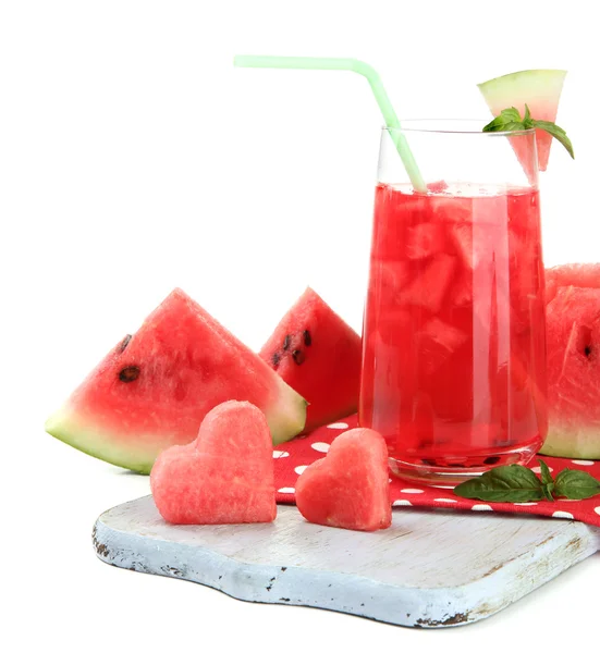 Fresh watermelon and glass of watermelon juice isolated on white — Stock Photo, Image