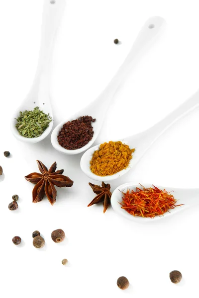 Assortment of spices in white spoons, isolated on white — Stock Photo, Image