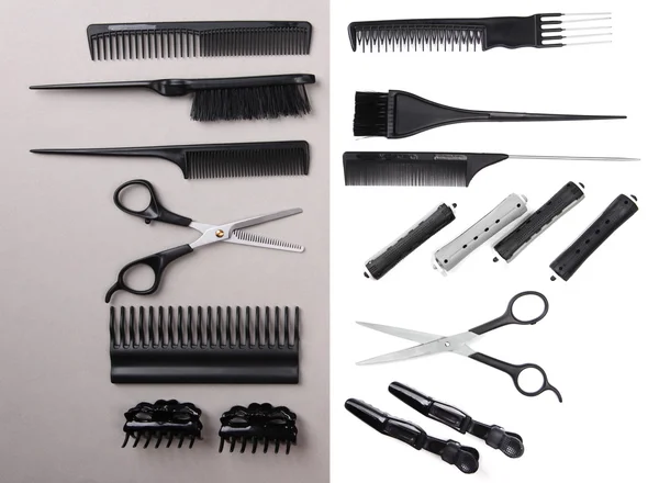 Outils professionnels pour coiffeur sur fond blanc et gris — Photo