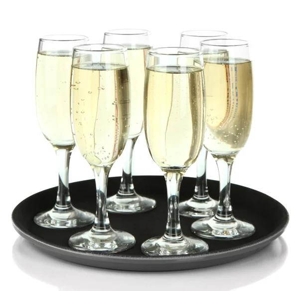 Vele glazen van champagne in de lade, geïsoleerd op wit — Stockfoto
