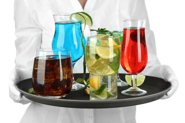 Waitresses holding tray with glasses of cocktails, isolated on white — Stock Photo, Image