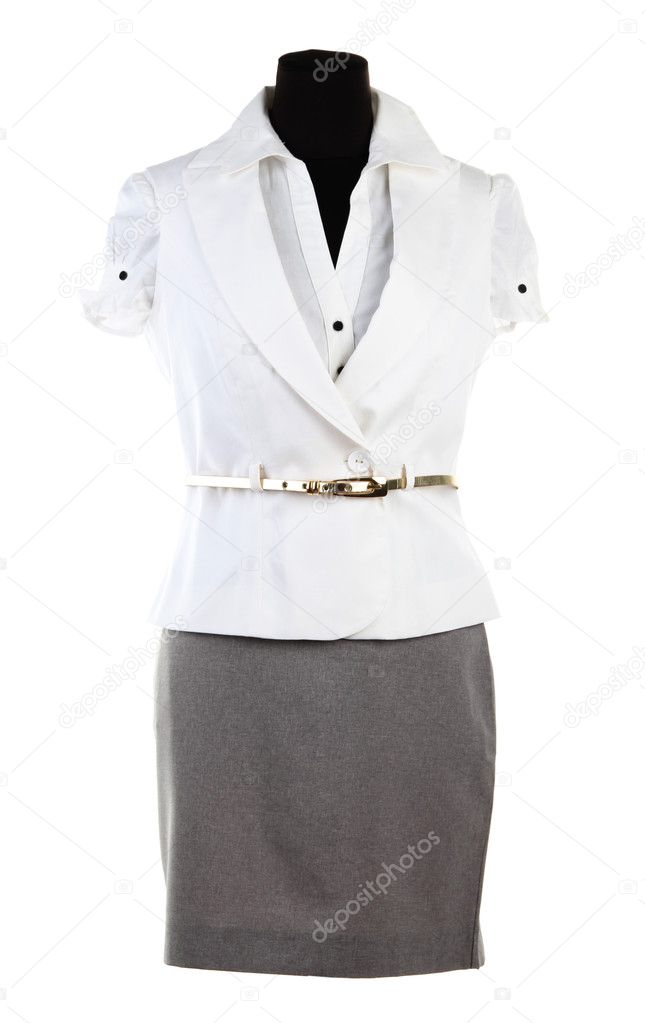 White jacket and gray skirt on mannequin, isolated on white