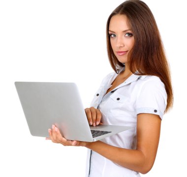 genç güzel iş kadını ile üzerine beyaz izole laptop