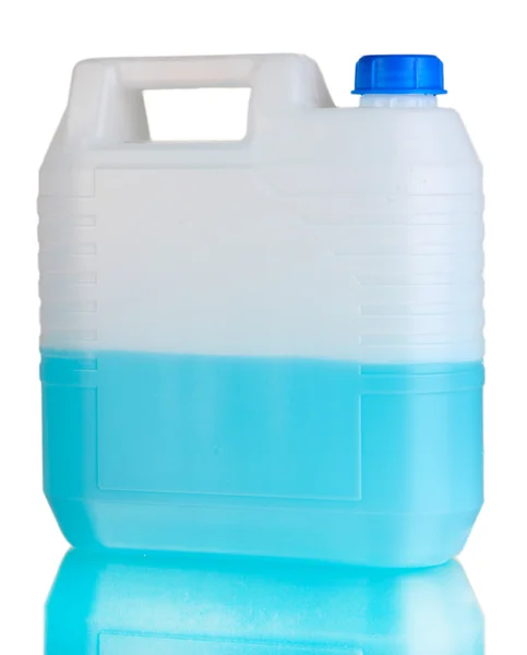 Blue liquid for car in canister on grey background — Stock Photo, Image