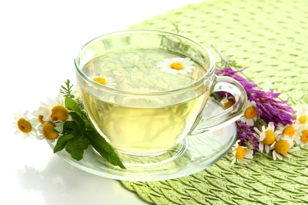 Cup of herbal tea with wild flowers and mint, isolated on white — Stock Photo, Image