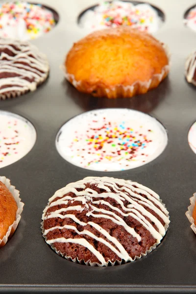 Leckere Muffinkuchen im Backblech aus nächster Nähe — Stockfoto