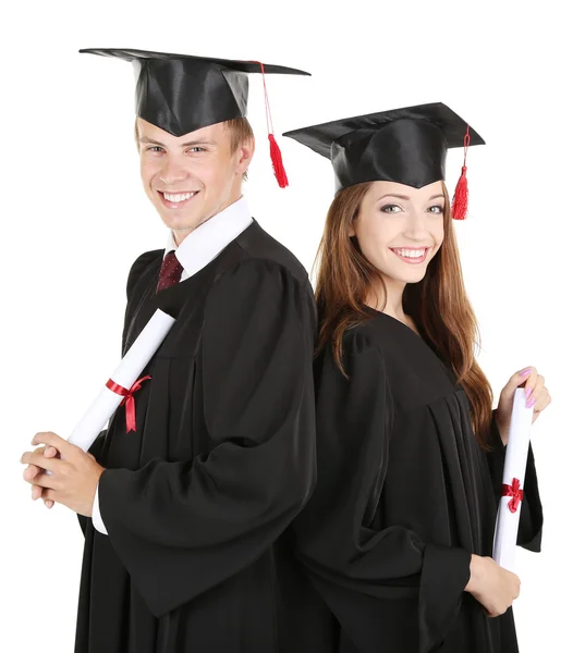 Twee gelukkige afstuderen studenten geïsoleerd op wit — Stockfoto