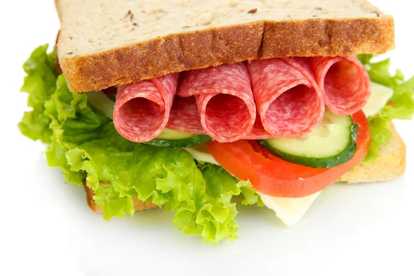 Tasty sandwich with salami sausage and vegetables, isolated on white — Stock Photo, Image