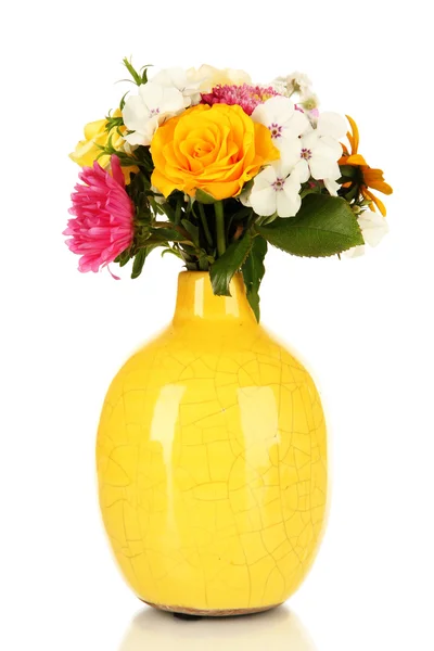 Beautiful bouquet of bright flowers in color vase, isolated on white — Stock Photo, Image