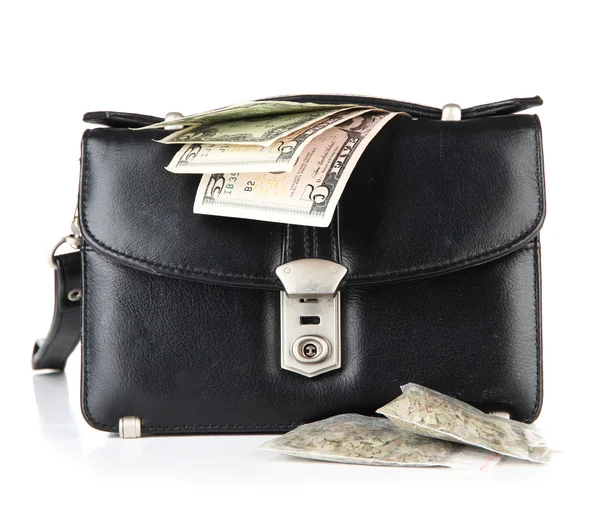 Black bag and drugs, isolated on white — Stock Photo, Image