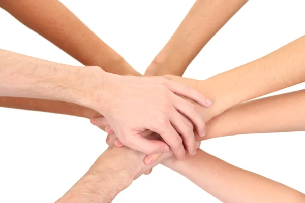 United hands isolated on white Conceptual photo of teamwork — Stock Photo, Image