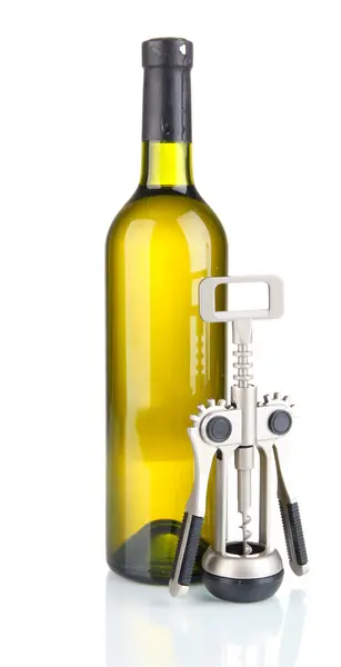 Corkscrew and bottle of wine isolated on white — Stock Photo, Image