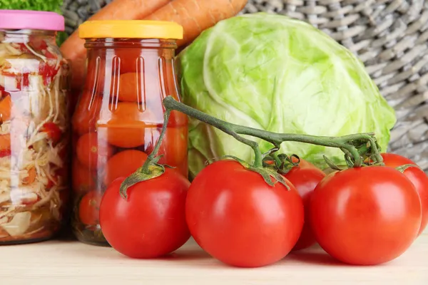 Fresh vegetables and canned on table close up — Stock Photo, Image