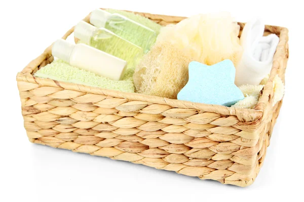 Set for spa in wicker basket, isolated on white — Stock Photo, Image