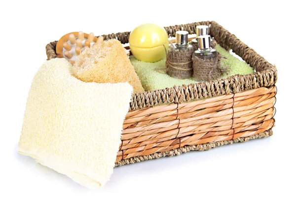 Set for spa in wicker basket, isolated on white — Stock Photo, Image