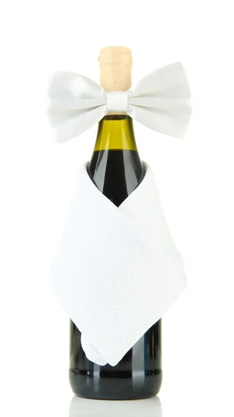 Pajarita blanca en botella de vino aislada en blanco —  Fotos de Stock