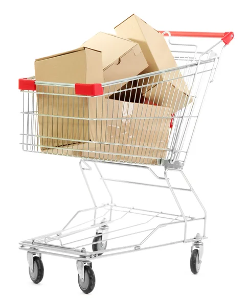 Shopping cart with carton, isolated on white — Stock Photo, Image