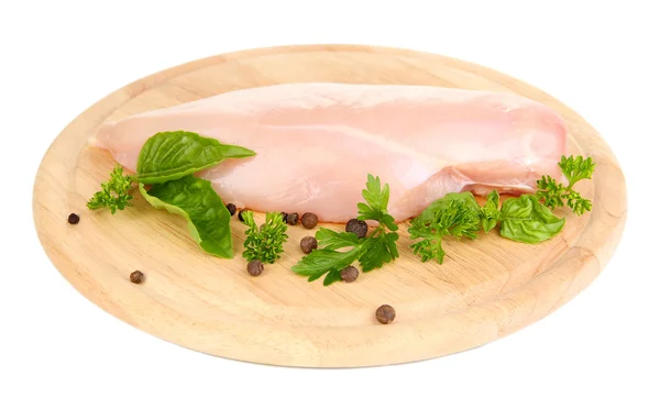 Raw chicken fillets on wooden board, isolated on white — Stock Photo, Image