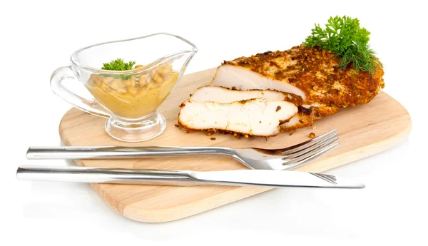 Roasted chicken fillets on wooden board, isolated on white — Stock Photo, Image