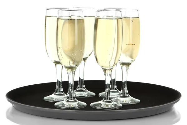 Many glasses of champagne on the tray, isolated on white — Stock Photo, Image