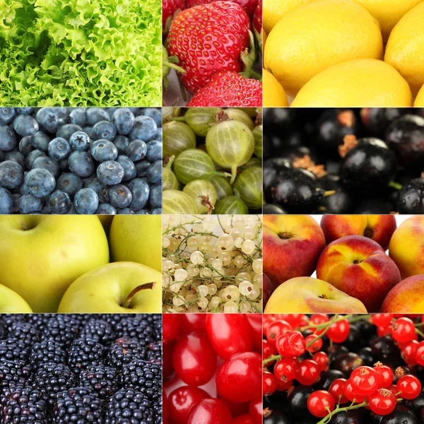 Koláž z ovoce a bobule close-up pozadí — Stock fotografie