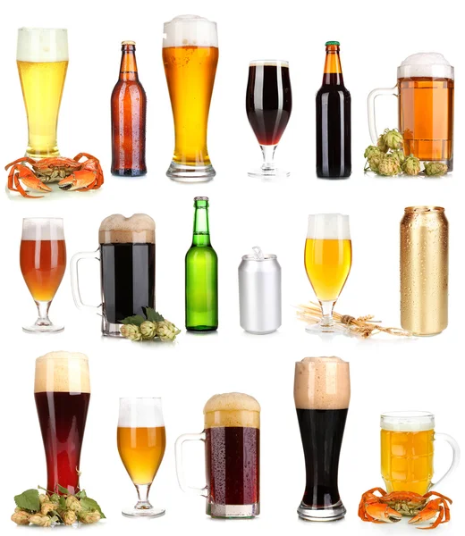 很多的啤酒在不同的容器上白色隔离 — 图库照片