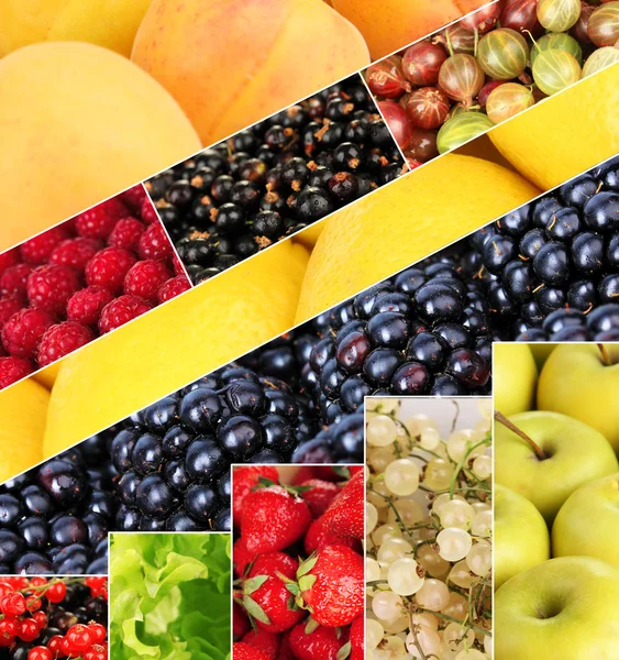 Colagem de frutas e bagas close-up fundo — Fotografia de Stock