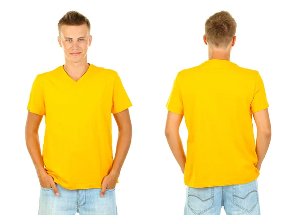 T-shirt på ung man framför och bakom isolerade på vit — Stockfoto