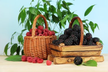 Olgun Ahududu ve böğürtlen sepeti doğal zemin üzerine ahşap tablo