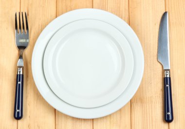 bıçak, renkli plaka ve ahşap zemin üzerine çatal