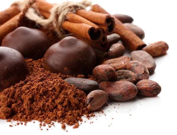 Složení čokoládové sladkosti, kakaem a kořením, izolované na bílém — Stock fotografie