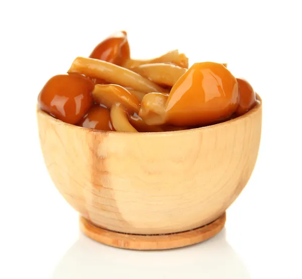 Mushrooms in wooden bowl, isolated on white — Stock Photo, Image